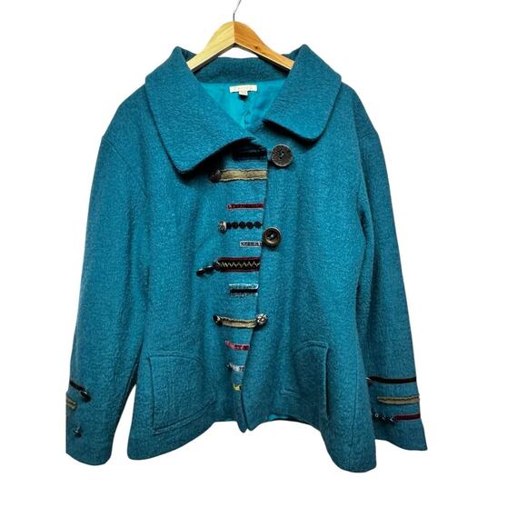 Carson Women's m Teal Wool BOHO Art-to-Wear Buttons Jacket sz. XL - Picture 1 of 15